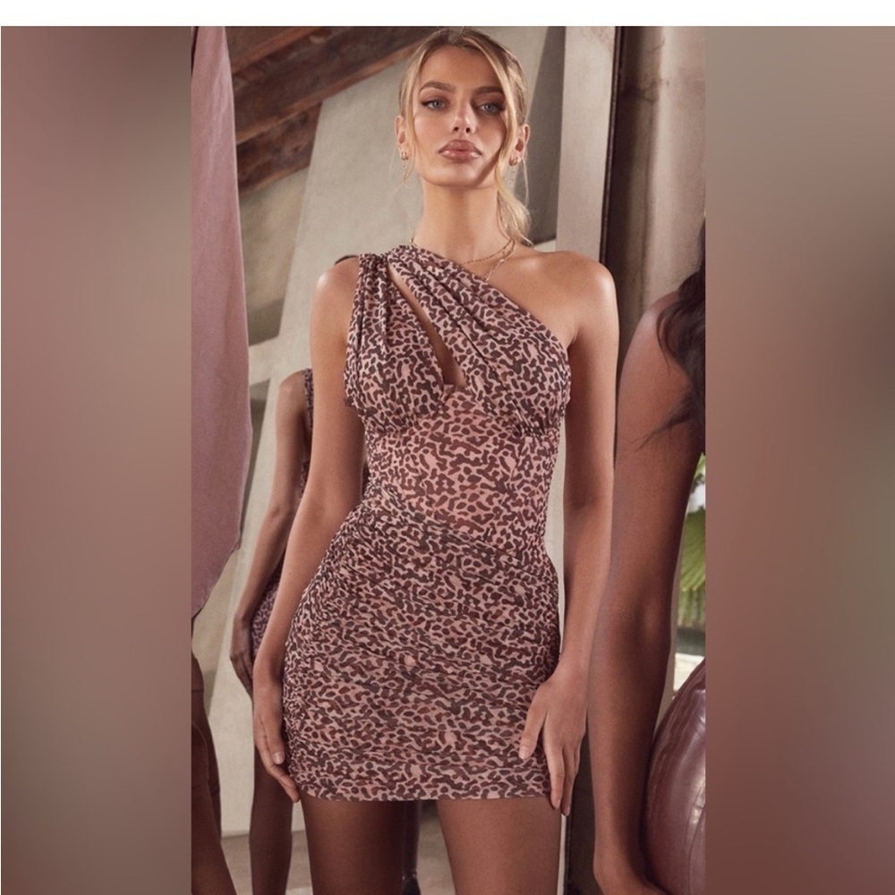 House of CB One-Shoulder Brown Leopard Print Mini Dress